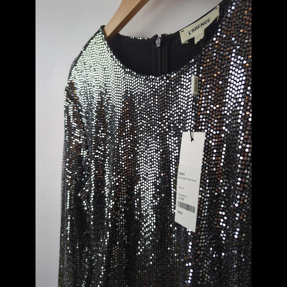 [SOLD] NWT $425 L'AGENCE Women's Sz US 4 S SUNNY Glitter Dress Metallic Silver - Picture 6 of 12
